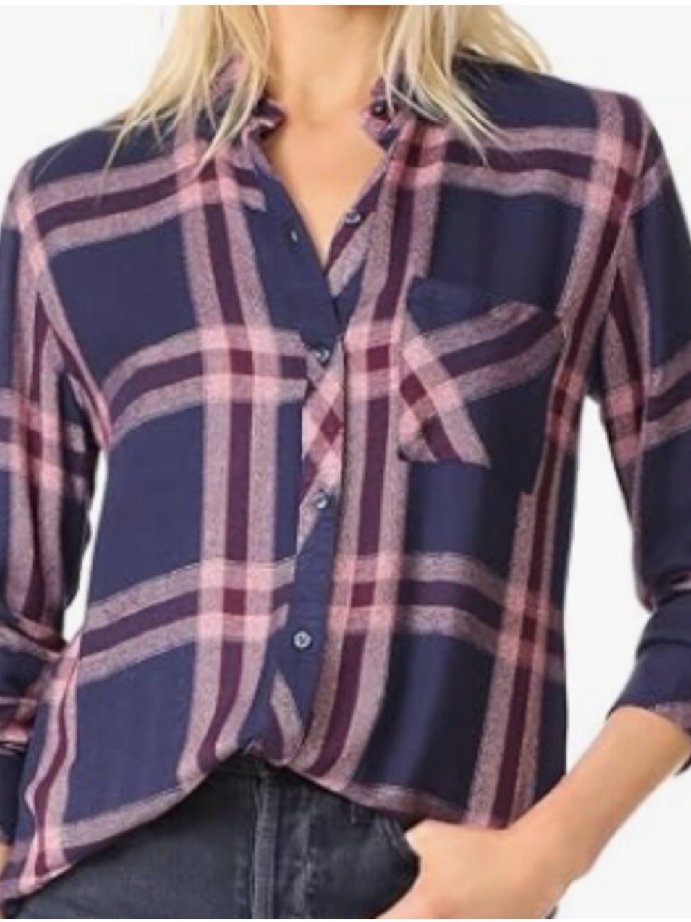 Women’s Rails Hunter Button Up Cranberry Navy Plaid Long Sleeve Top Sz S